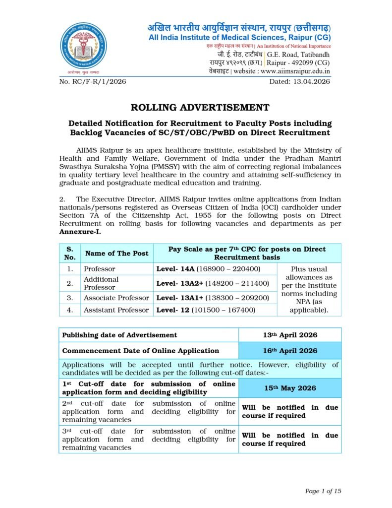AIIMS Raipur Faculty Recruitment 2026