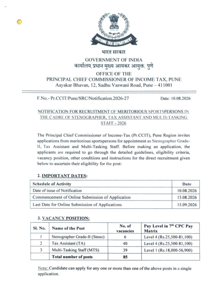 Income Tax Pune Sports Quota Recruitment 2026