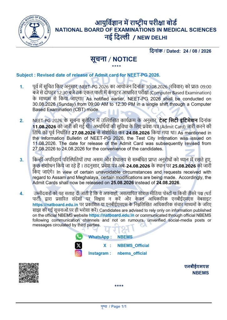 NEET-PG 2026 Admit Card Official Notice